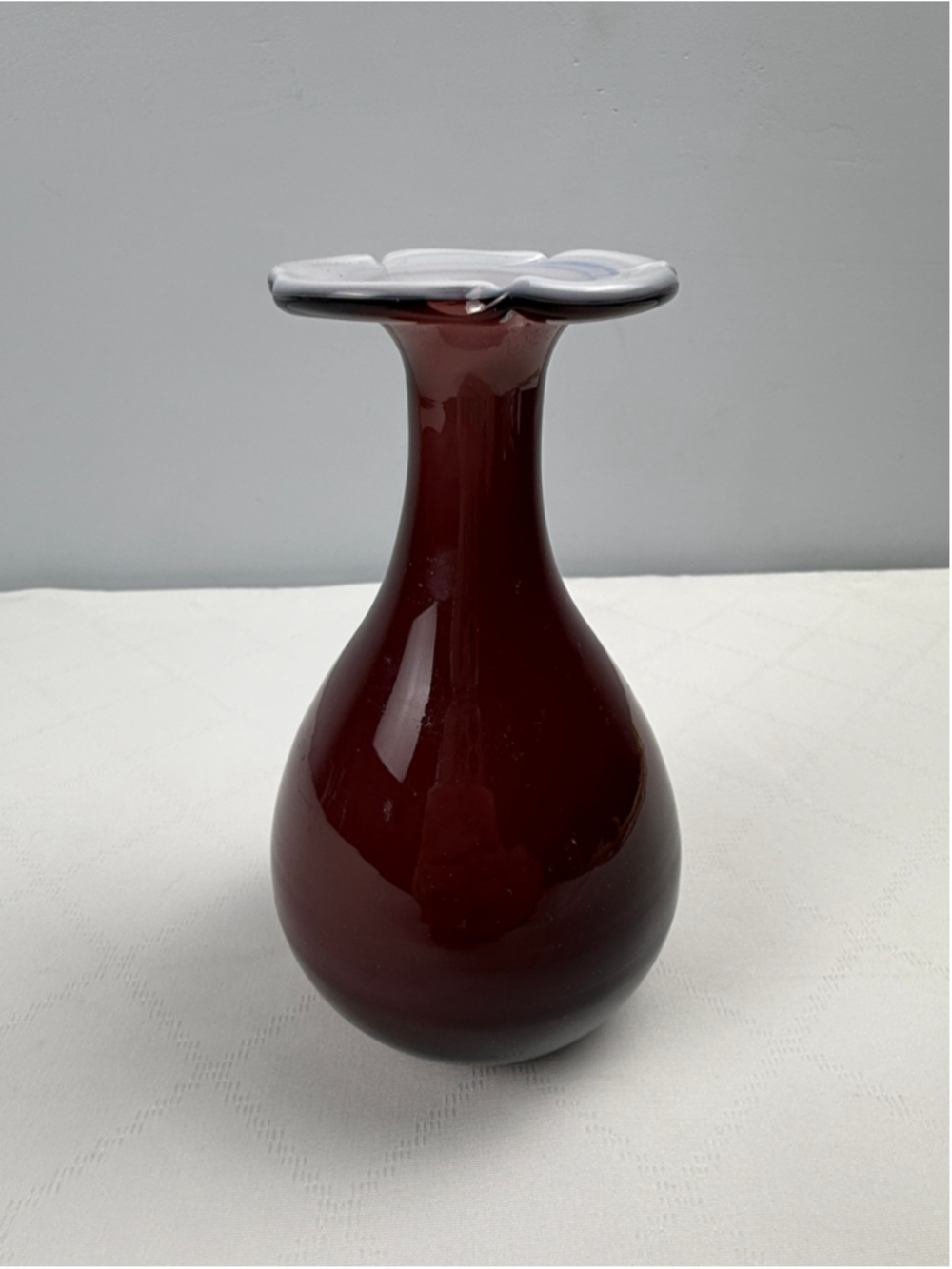 Vintage MCM mouth blown cased glass vase Burgundy White